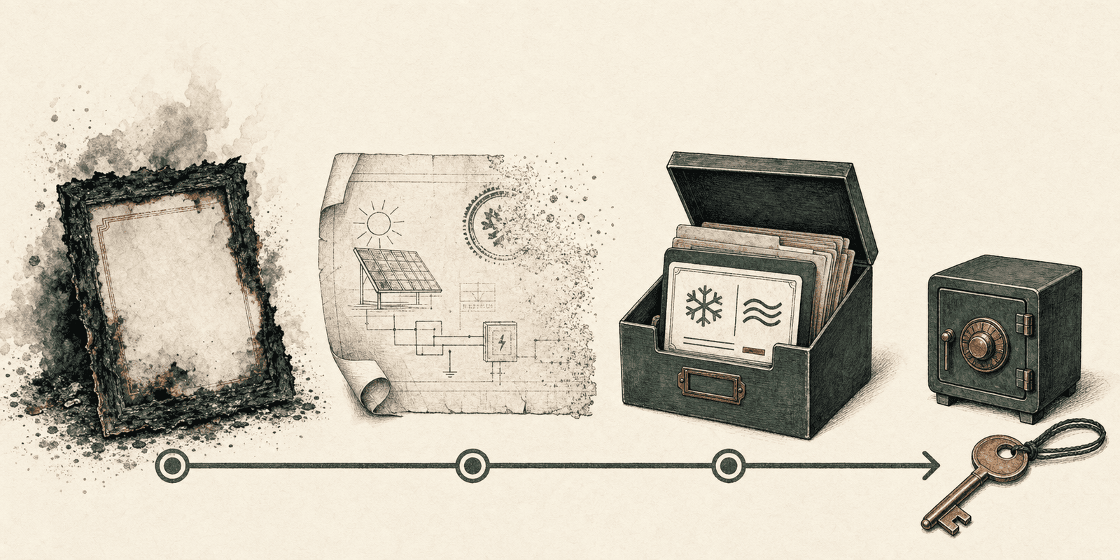 Editorial illustration of three credential-loss failure modes — a fire-damaged frame, a disappeared issuer, and a rebranded company — resolving into owner-controlled custody. Illustration, not a documentary portrait.