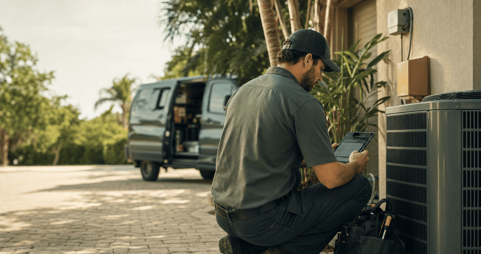 Illustrative field context: a fictional, non-identifiable HVAC technician kneeling with a tablet beside a condenser unit, a service van in the background. Illustration of typical field work, not a real customer or case study.
